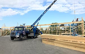 28 ton boom truck setting wooden trusses for a new pole barn in Grove City, Ohio.
