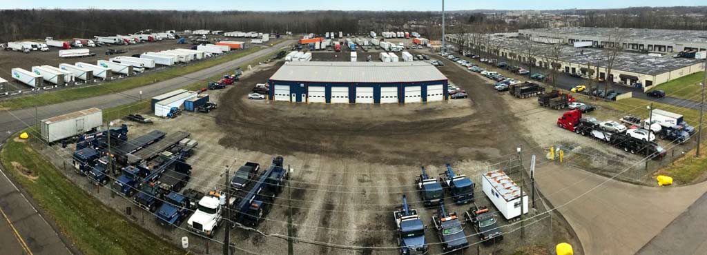 Aerial view of Eastland Crane's 20 acres of secure fenced storage.